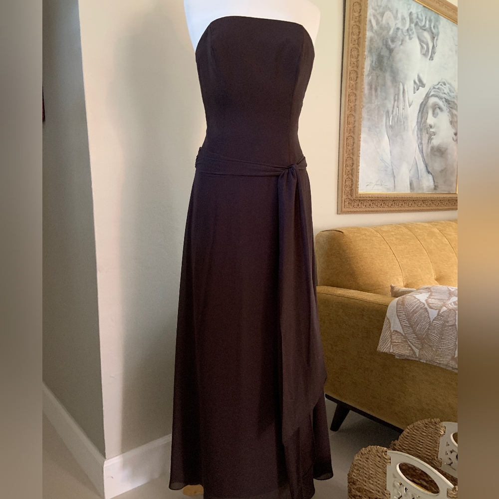 After Six Style 6218 Strapless Chiffon Long Evening Gown - Deep Brown (Size 10)